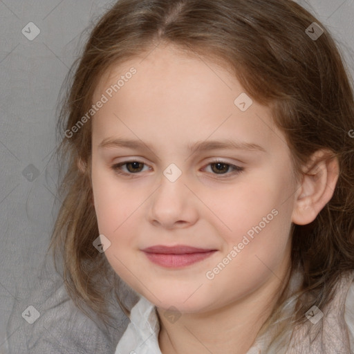 Joyful white child female with medium  brown hair and brown eyes