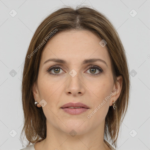 Joyful white young-adult female with medium  brown hair and green eyes