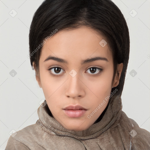 Neutral white young-adult female with short  brown hair and brown eyes