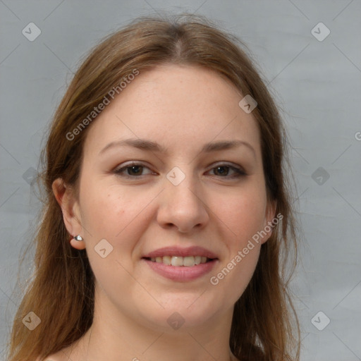 Joyful white young-adult female with long  brown hair and grey eyes