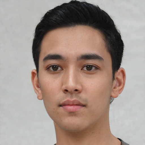 Neutral asian young-adult male with short  black hair and brown eyes