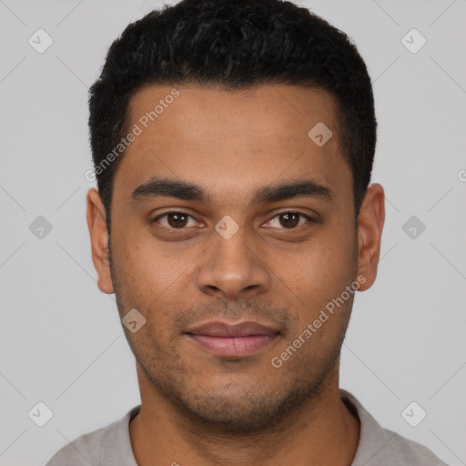 Neutral latino young-adult male with short  black hair and brown eyes