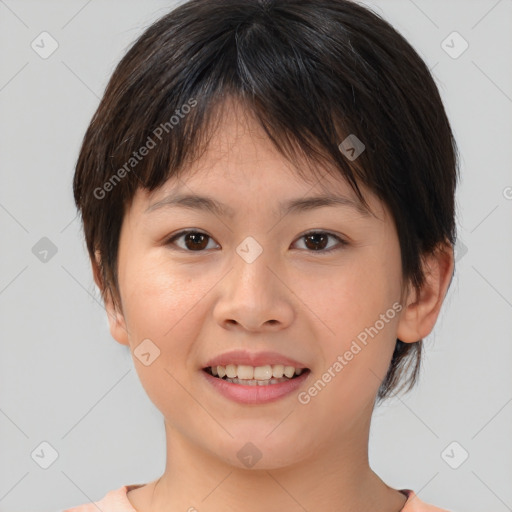 Joyful white young-adult female with medium  brown hair and brown eyes