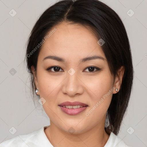 Joyful white young-adult female with medium  brown hair and brown eyes