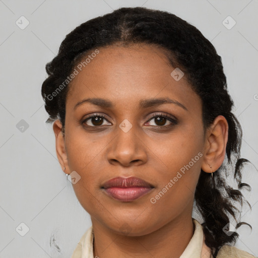 Joyful black young-adult female with medium  black hair and brown eyes