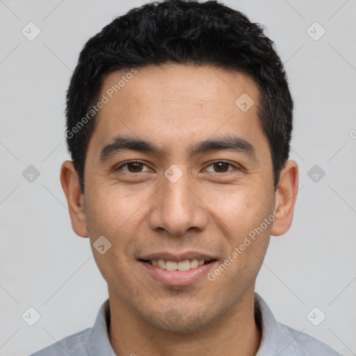 Joyful white young-adult male with short  black hair and brown eyes