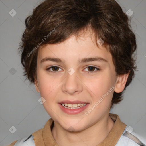 Joyful white child female with medium  brown hair and brown eyes