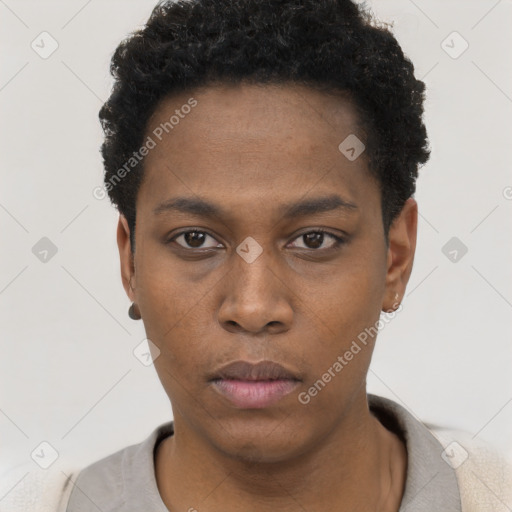 Neutral black young-adult male with short  black hair and brown eyes