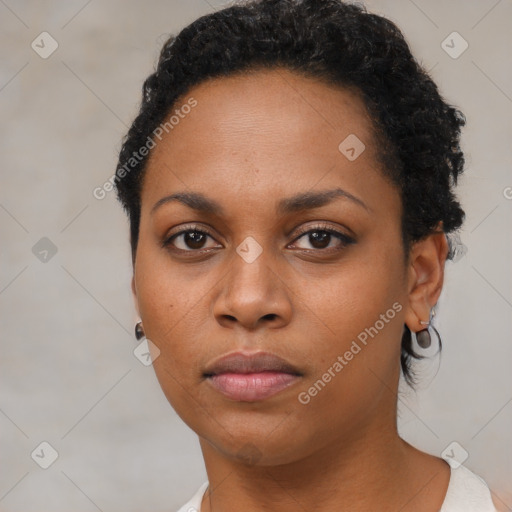 Neutral black young-adult female with short  black hair and brown eyes