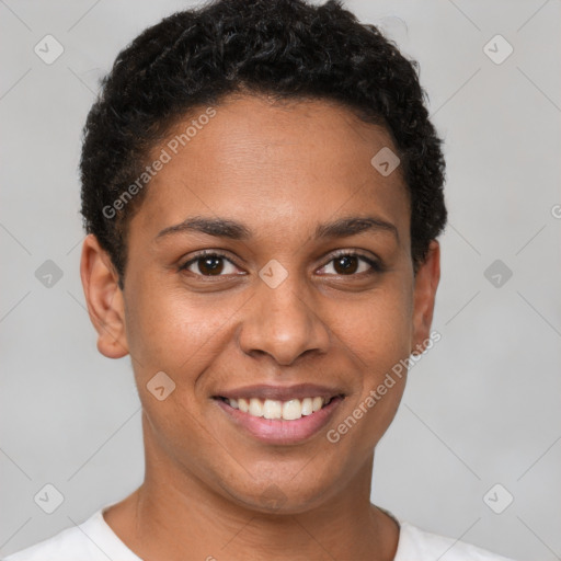 Joyful latino young-adult female with short  brown hair and brown eyes