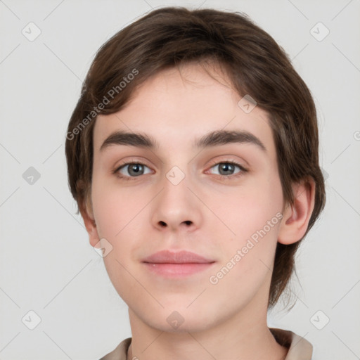 Neutral white young-adult male with short  brown hair and grey eyes