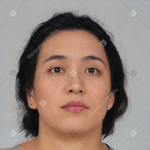 Neutral asian young-adult female with medium  brown hair and brown eyes