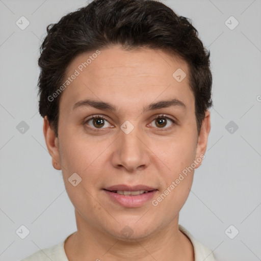 Joyful white young-adult female with short  brown hair and brown eyes