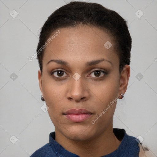 Neutral black young-adult female with short  brown hair and brown eyes