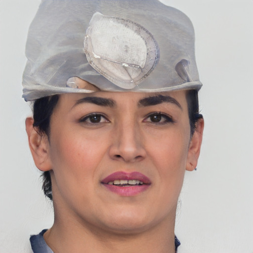 Joyful white adult female with short  brown hair and blue eyes