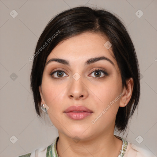 Neutral white young-adult female with medium  brown hair and brown eyes