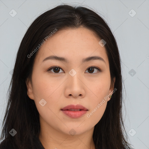 Neutral asian young-adult female with long  brown hair and brown eyes