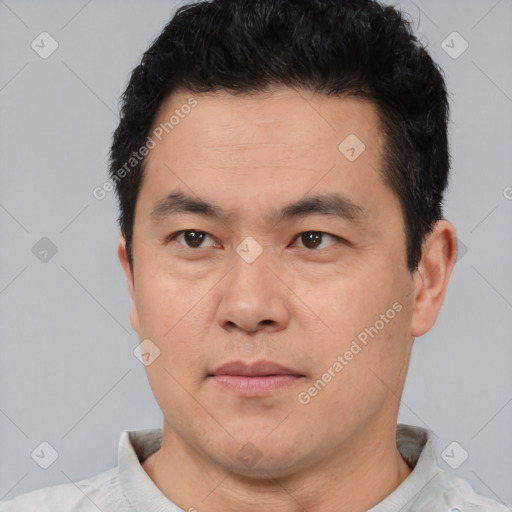 Neutral asian young-adult male with short  brown hair and brown eyes