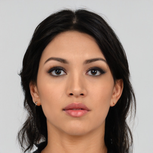 Neutral asian young-adult female with medium  black hair and brown eyes