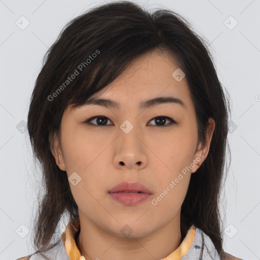 Neutral asian young-adult female with medium  brown hair and brown eyes