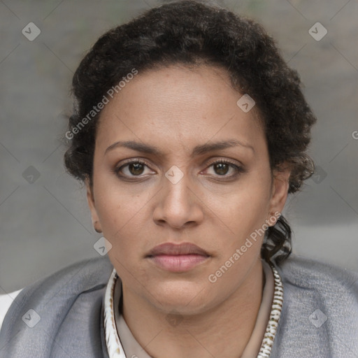 Neutral white young-adult female with short  brown hair and brown eyes