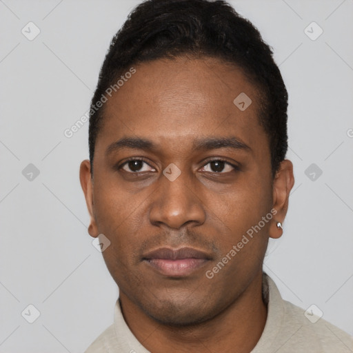 Neutral black young-adult male with short  black hair and brown eyes