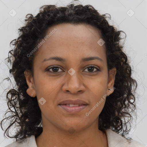 Joyful black young-adult female with medium  brown hair and brown eyes