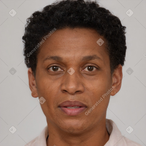 Joyful black adult female with short  brown hair and brown eyes