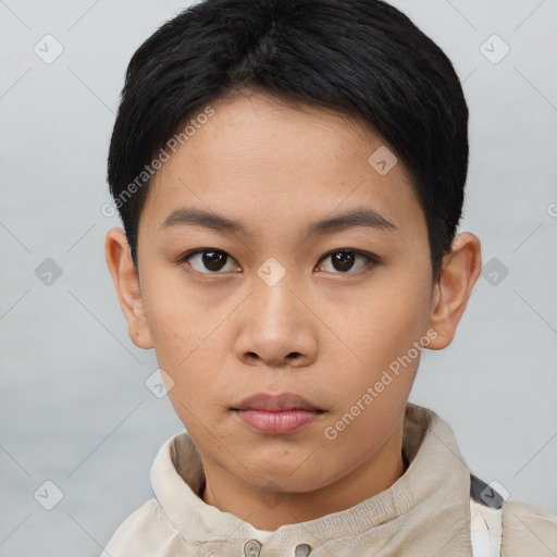 Neutral asian young-adult female with short  black hair and brown eyes