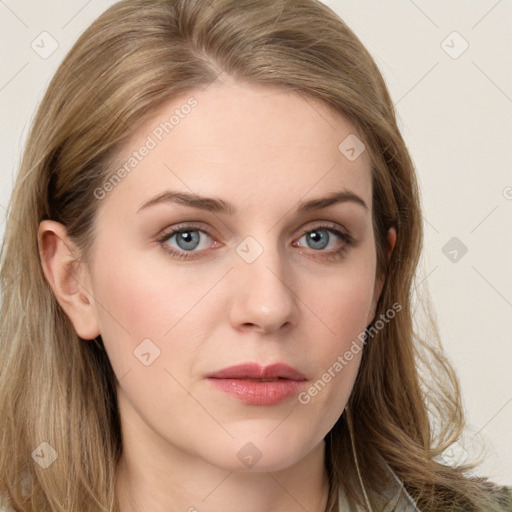 Neutral white young-adult female with long  brown hair and grey eyes