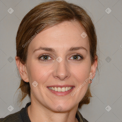 Joyful white young-adult female with medium  brown hair and blue eyes