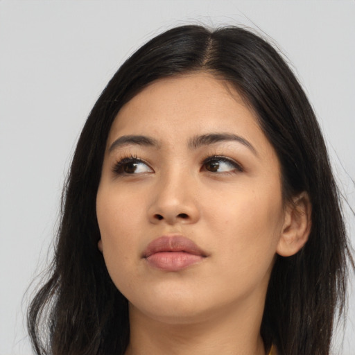 Neutral asian young-adult female with long  black hair and brown eyes
