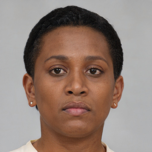 Neutral black young-adult female with short  brown hair and brown eyes