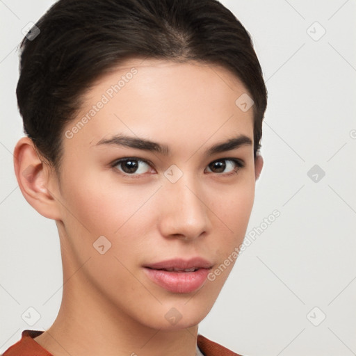 Neutral white young-adult female with medium  brown hair and brown eyes