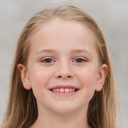 Joyful white child female with long  brown hair and grey eyes