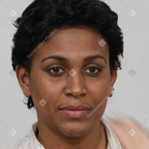 Neutral black adult female with short  brown hair and brown eyes