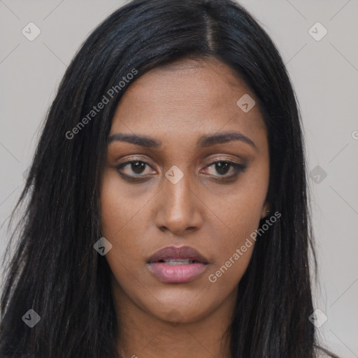 Neutral asian young-adult female with long  black hair and brown eyes