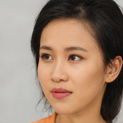 Neutral asian young-adult female with long  brown hair and brown eyes
