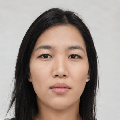 Neutral asian young-adult female with long  black hair and brown eyes