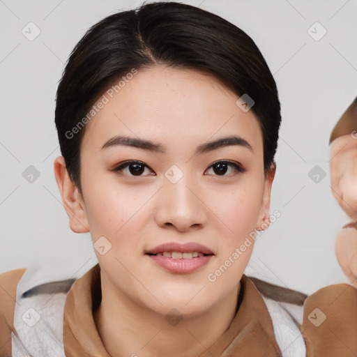 Joyful asian young-adult female with medium  black hair and brown eyes