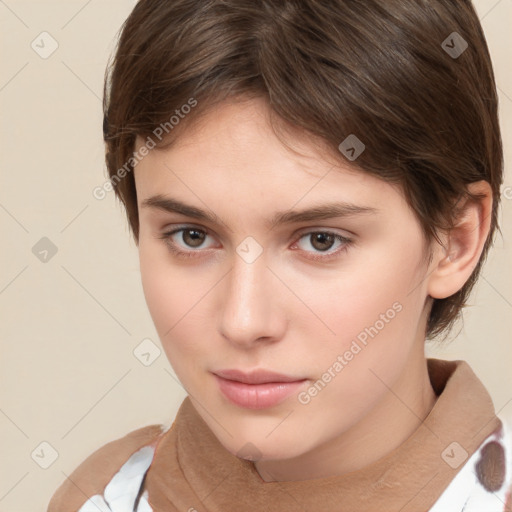 Neutral white young-adult female with medium  brown hair and brown eyes