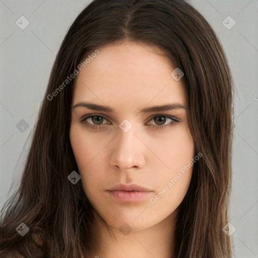 Neutral white young-adult female with long  brown hair and brown eyes