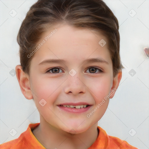 Joyful white child female with short  brown hair and brown eyes