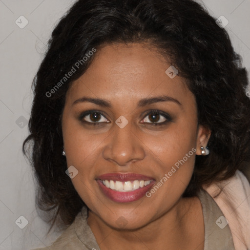 Joyful black young-adult female with long  brown hair and brown eyes