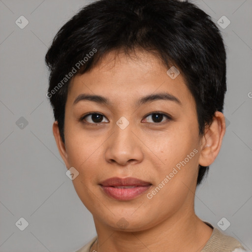 Joyful asian young-adult female with short  black hair and brown eyes