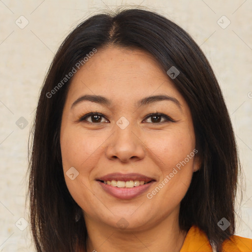 Joyful asian young-adult female with medium  brown hair and brown eyes