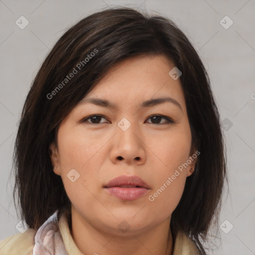 Neutral asian young-adult female with medium  brown hair and brown eyes