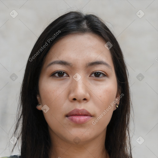 Neutral asian young-adult female with long  brown hair and brown eyes