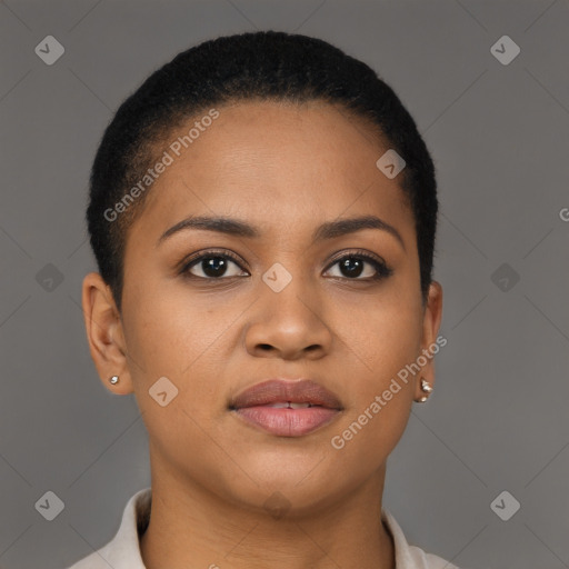 Joyful latino young-adult female with short  brown hair and brown eyes