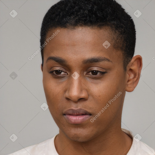 Neutral black young-adult male with short  black hair and brown eyes